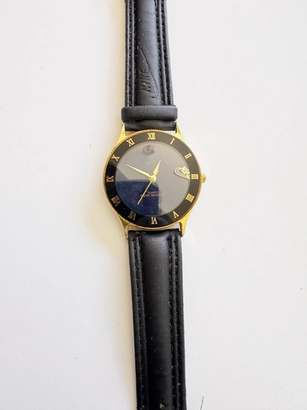 Vintage Nike Gold Tone Watch Black Leather Roman Numeral 34mm